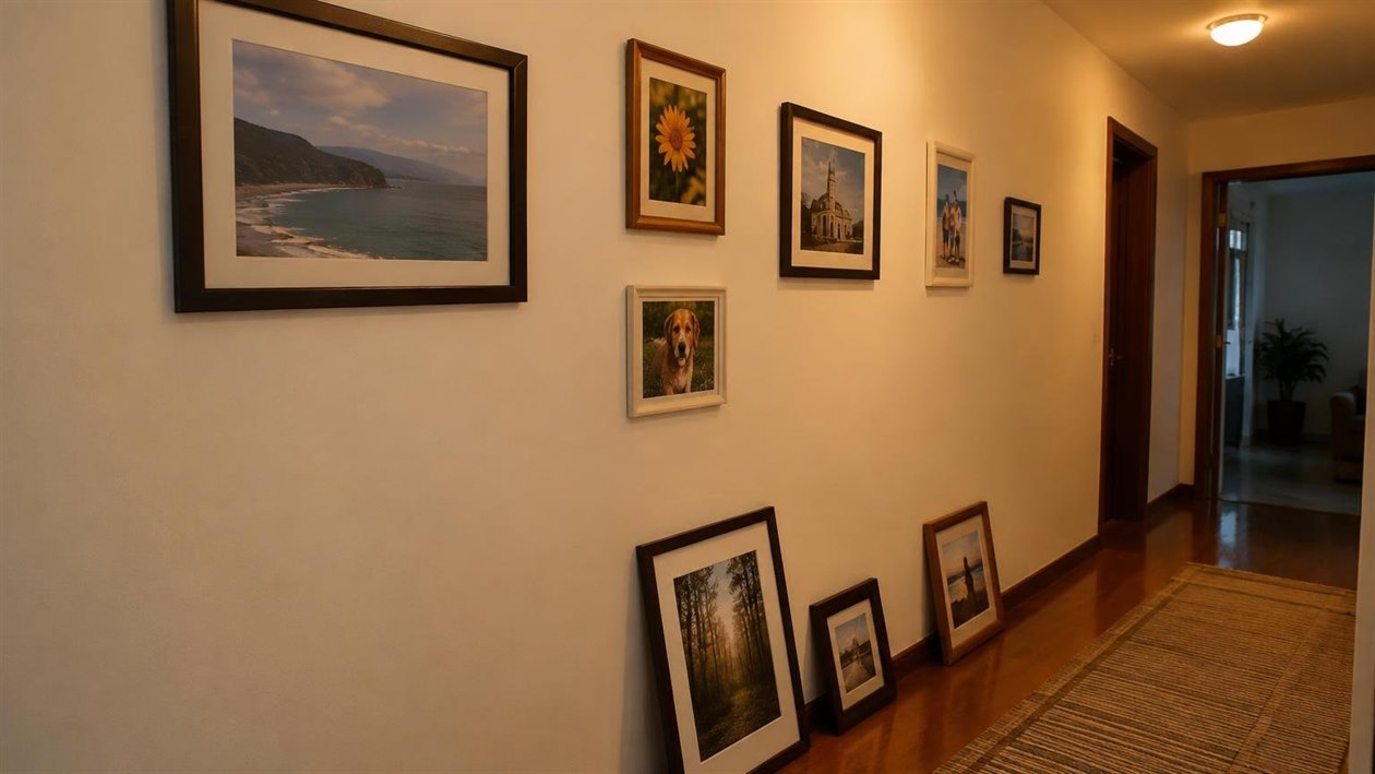 O corredor da sua casa é a parede mais vazia — e as fotos da família estão todas na mesma estante