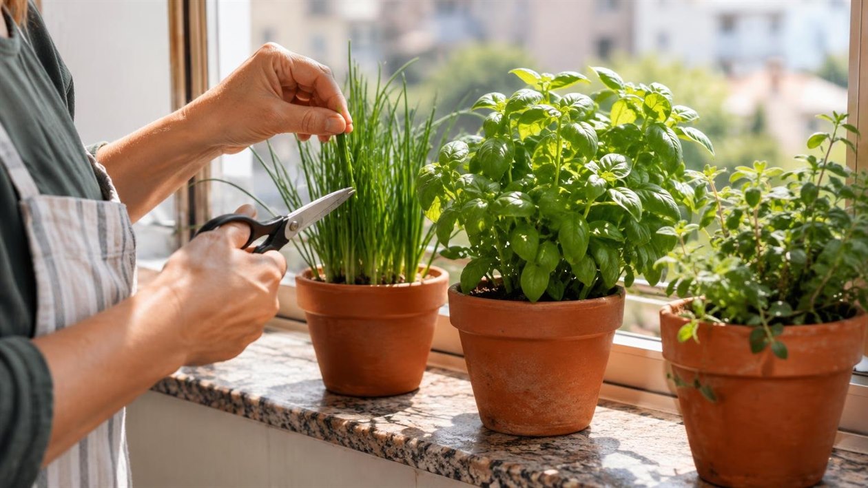 Uma horta de temperos na janela da cozinha: comece com três vasinhos