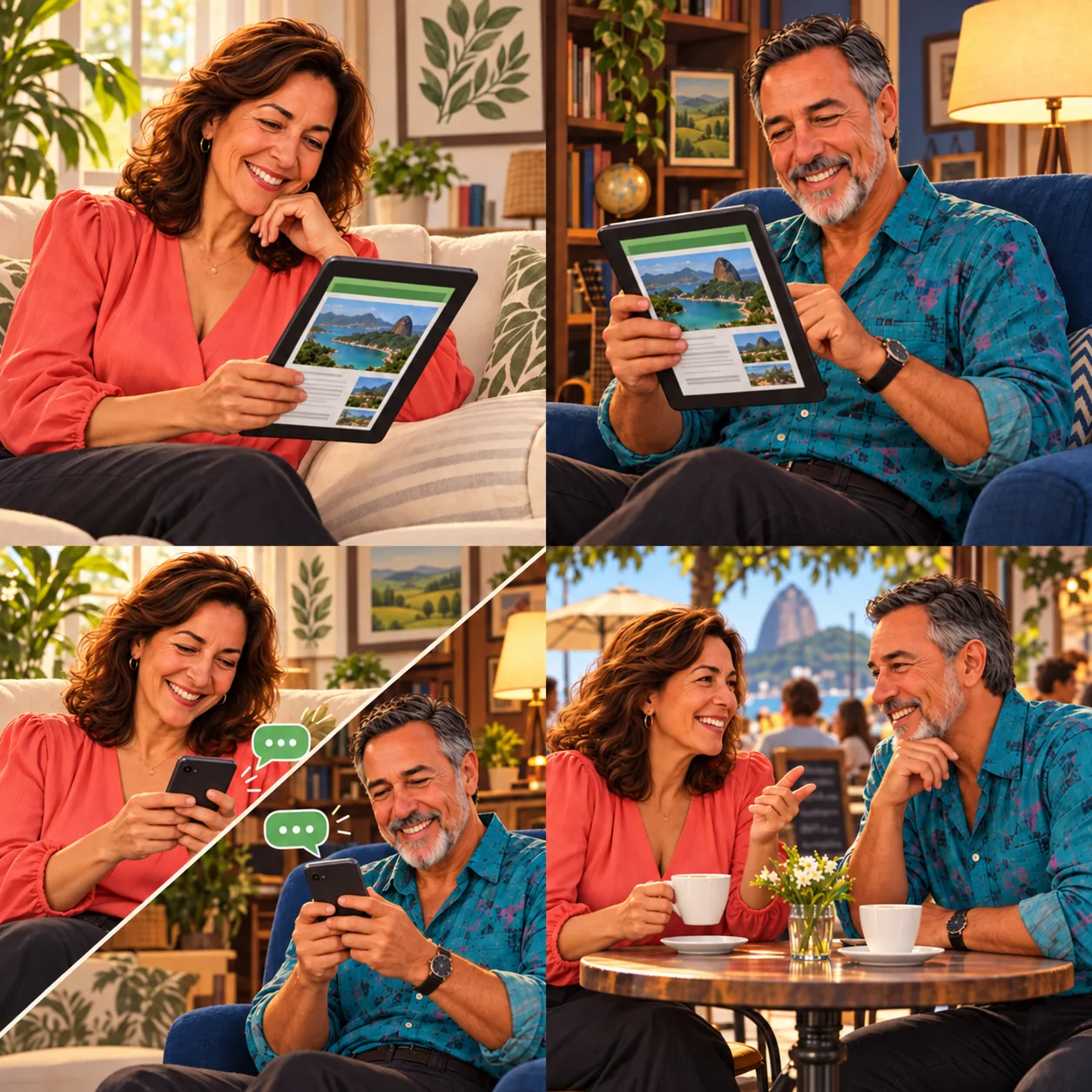 Dois leitores em casas diferentes, conversando pelo Clube e depois juntos em um café