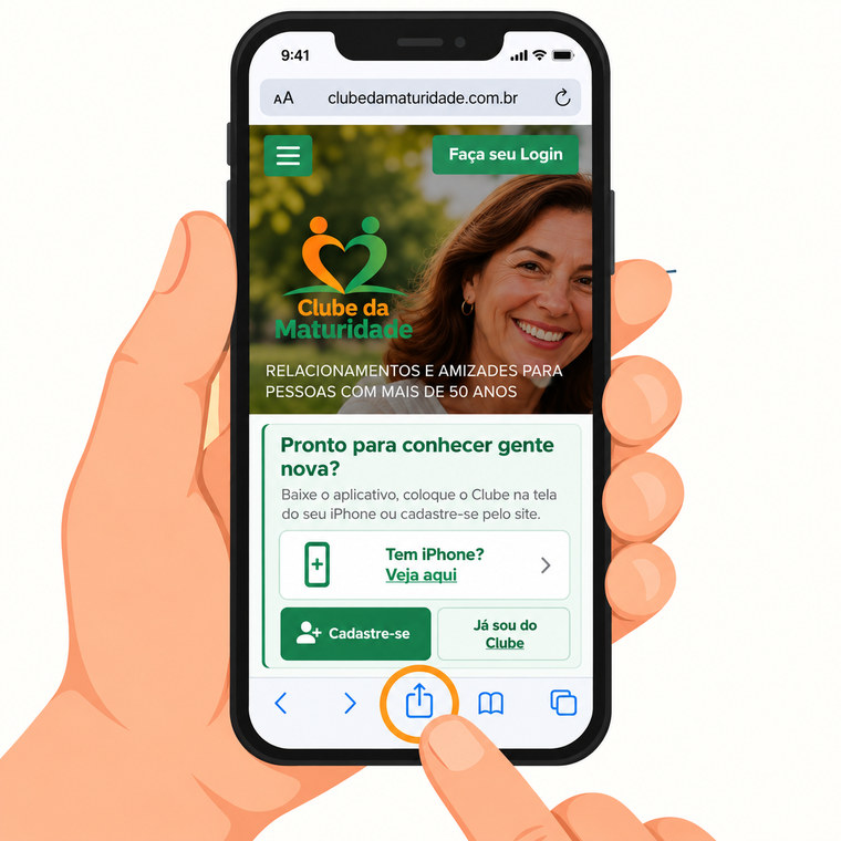 Celular aberto no Safari, com o botão de compartilhar destacado na barra de baixo da tela