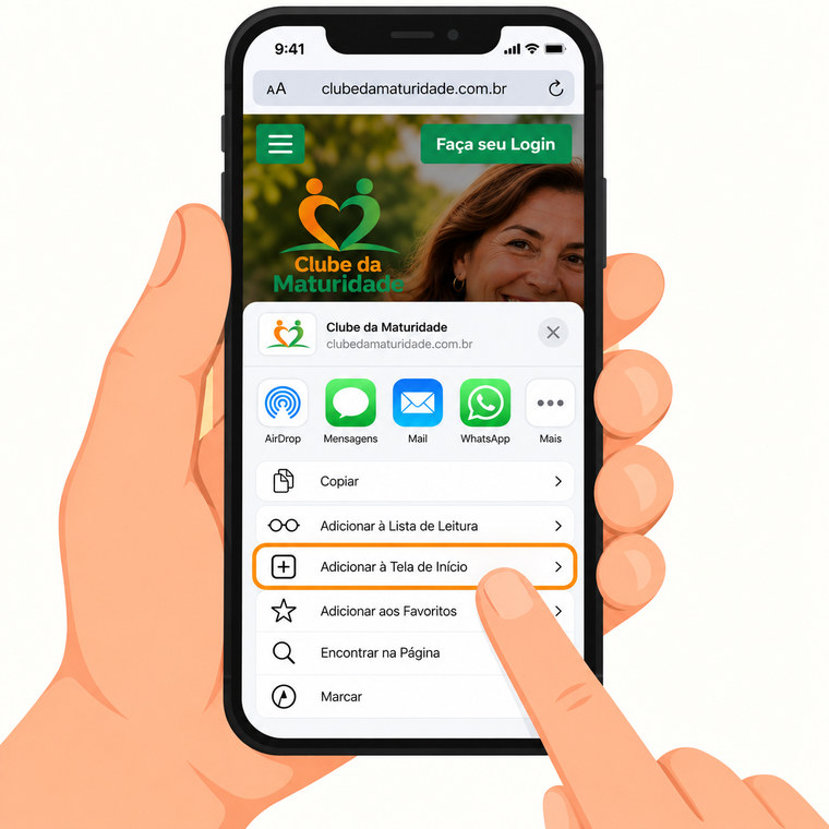 Painel de opções aberto no celular, com a opção Adicionar à Tela de Início destacada