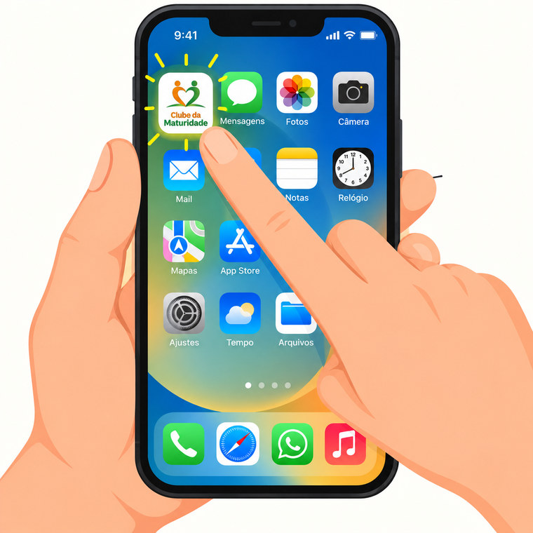 Tela inicial do celular com o ícone do Clube da Maturidade entre os outros aplicativos