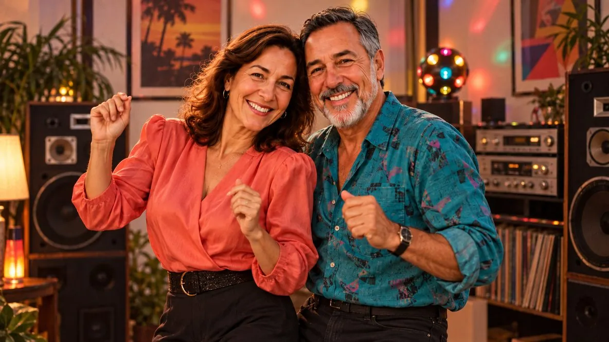 Casal criado por IA se divertindo numa festa inspirada nos anos 80.