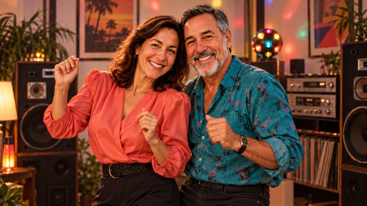 Casal em uma festa inspirada nos anos 80