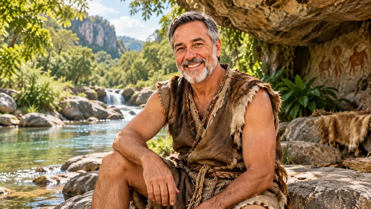 Ilustração hiper-realista imaginativa da Idade da Pedra, junto a um rio.
