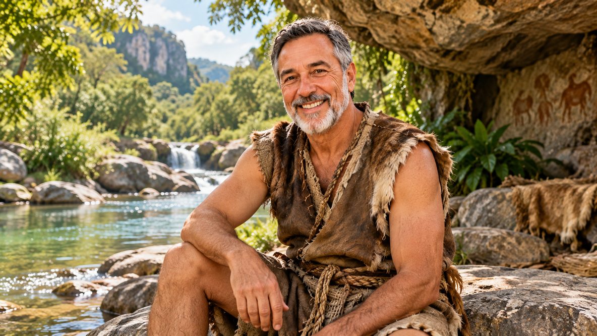 Homem em um cenário inspirado na Idade da Pedra